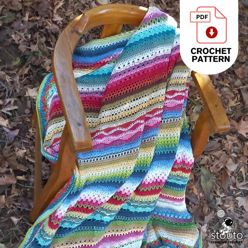 Easy striped rainbow stitch sampler blanket pattern. beginner crochet blanket pattern