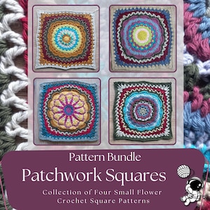 A pattern bundle featuring four colorful crochet patchwork squares with african  floral designs. The squares are in shades of blue, yellow, red, and green. The text reads "Pattern Bundle Patchwork Squares" and "Collection of Four Small Flower Crochet Square Patterns."