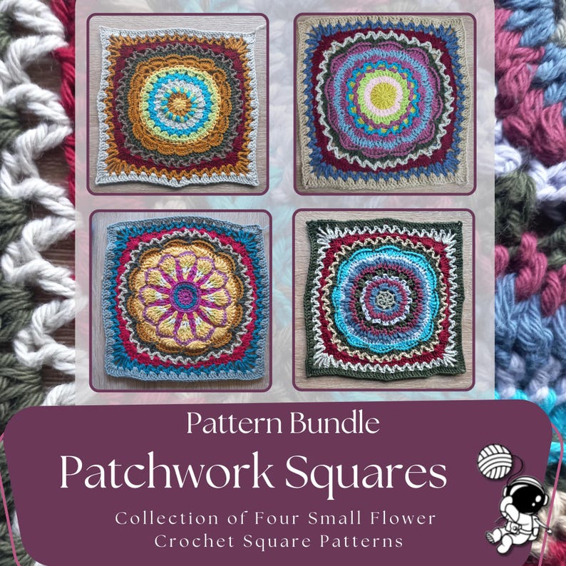 A pattern bundle featuring four colorful crochet patchwork squares with african  floral designs. The squares are in shades of blue, yellow, red, and green. The text reads "Pattern Bundle Patchwork Squares" and "Collection of Four Small Flower Crochet Square Patterns."