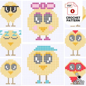 May include: Crochet pattern for six different cute pixelated chicks. Each chick has a different expression and accessory, including sunglasses, a bow, a hat, and a sleep mask. The pattern is available as a PDF download.