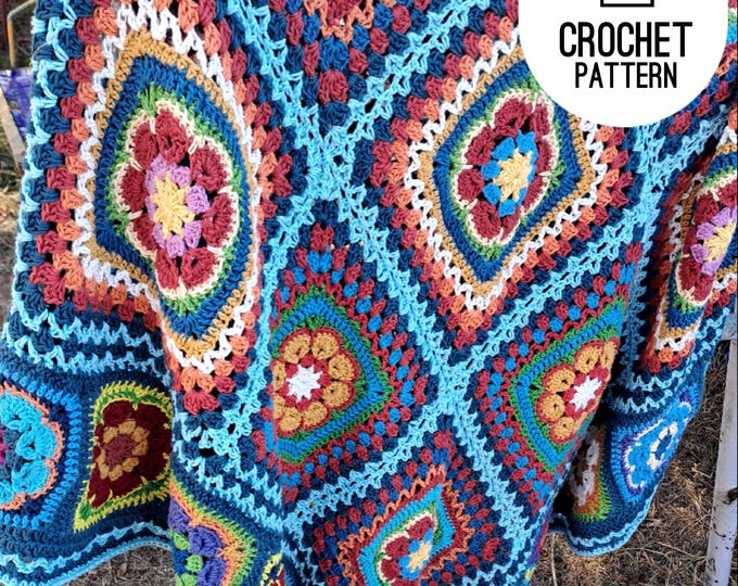 Easy Granny Square Blanket Crochet Pattern African Flowers Blanket Squares Afghan, Find Peace Blanket, Beginner Crochet Blanket Pattern