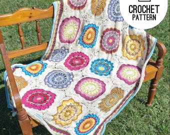 8 African Flower Granny Squares Blanket | Crochet Pattern PDF Blanket