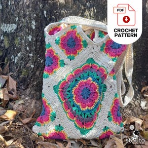 Gehäkelte Taschenmuster, Große Blumen Quadrate Einkaufstaschen, Oma Quadrate Handtasche Muster, Digital Download Muster