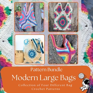 Puede incluir: Una colección de cuatro patrones de bolsos de ganchillo modernos y grandes. Los bolsos presentan colores vibrantes y diseños geométricos, incluyendo un bolso a rayas arcoíris y un bolso con un gran motivo floral azul. La imagen incluye el texto "Pattern Bundle Modern Large Bags".