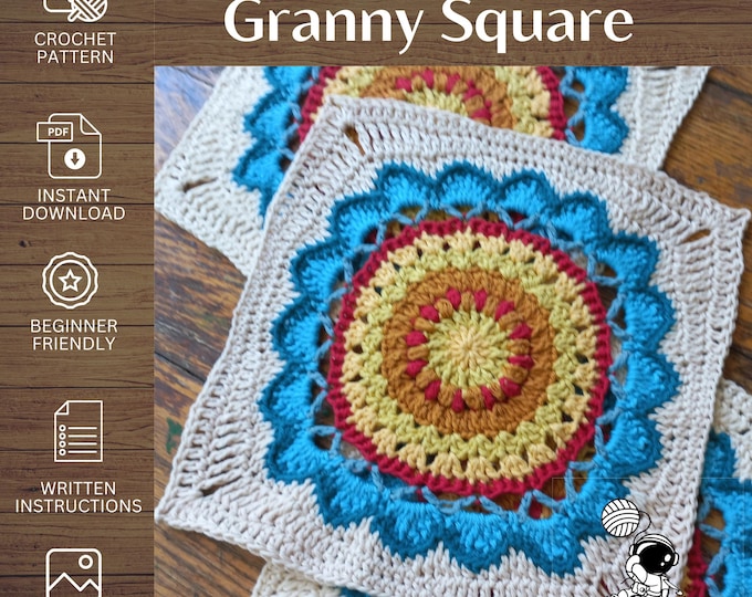 Modern Crochet Flower Square – Handmade Granny Square for DIY Projects, Appliqué, Home Décor, PDF Crochet Pattern Download