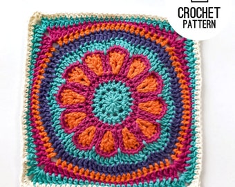 Crochet Square Pattern, Crochet Daisy Square, Crochet Flower Blanket Square Pattern, Flower Granny Afghan Square Pattern
