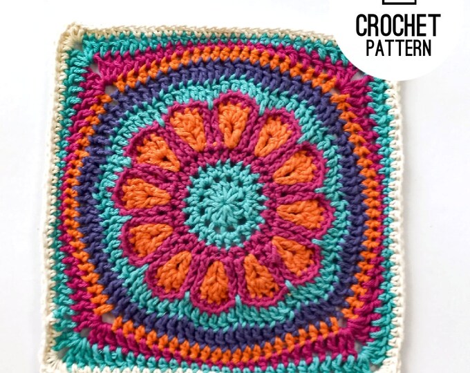 Crochet Square Pattern, Crochet Daisy Square, Crochet Flower Blanket Square Pattern, Flower Granny Afghan Square Pattern
