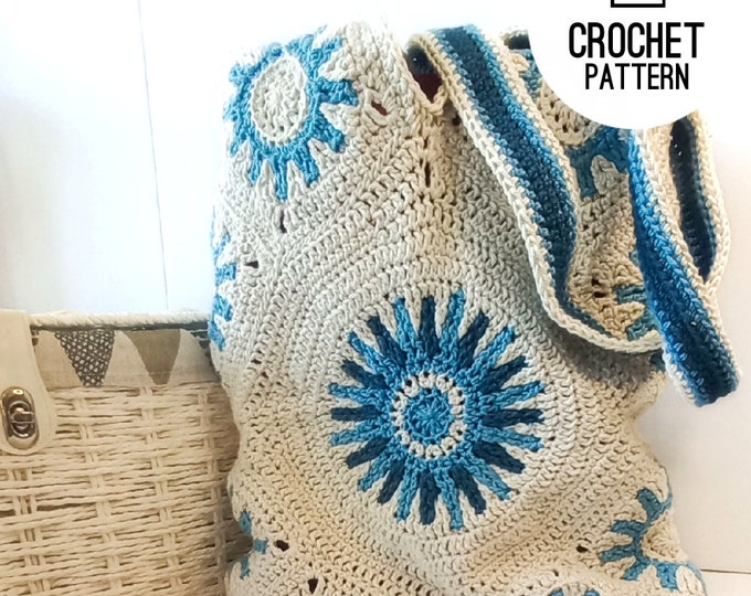 Sun Granny Square Tote Bag Crochet Pattern | Crochet Beach Shopper | PDF