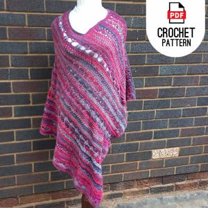 Crochet Poncho Pattern, floral Mixed Funky Striped Stitches Poncho, Easy to make crochet poncho pattern for winter