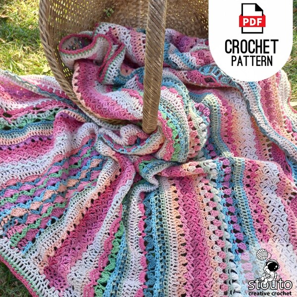 Crochet Blanket Pattern Floral Stitch Sampler, striped afghan throw, crochet mixed stitch pattern