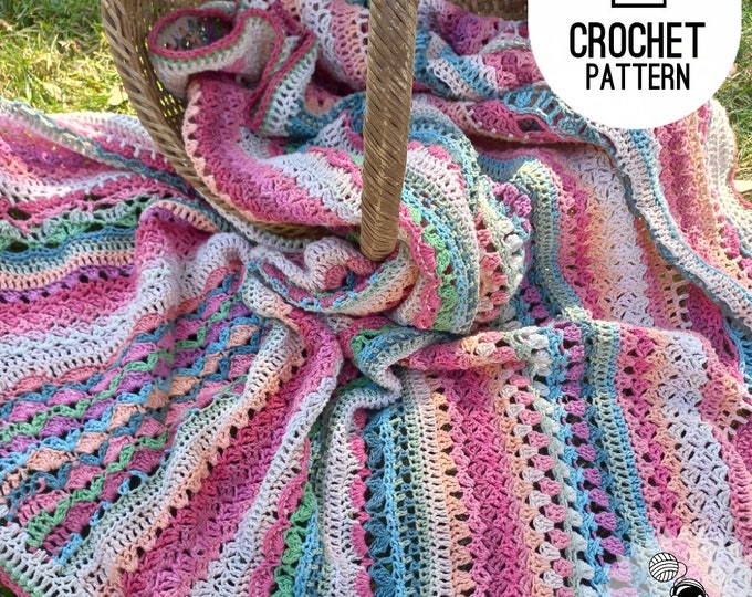 Crochet Blanket Pattern Floral Stitch Sampler, striped afghan throw, crochet mixed stitch pattern