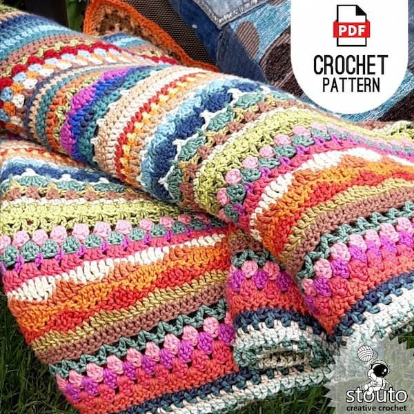 Modèle de couverture au crochet, échantillon de points afghans à rayures, 12 tailles de couverture en téléchargement PDF