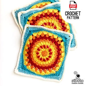 Patrón de cuadrado de crochet, cuadrado de abuela soleado, patrón de cuadrado fácil de 9 pulgadas, descarga digital en PDF