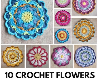 Crochet Flowers Pattern Bundle, 10 Large Crochet Flowers in One Pattern - Photo Tutorial Digital PDF Download