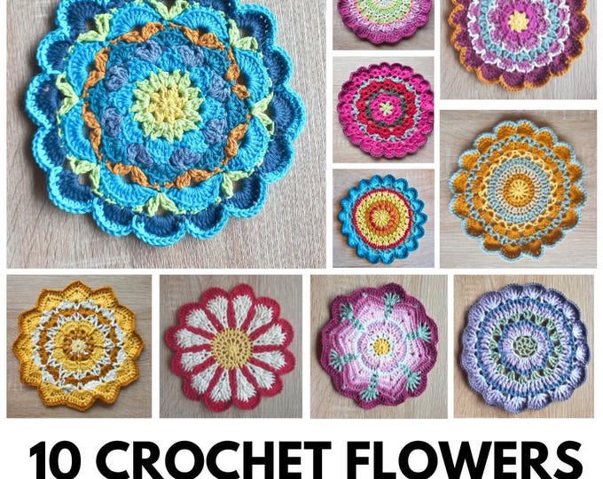 Crochet Flowers Pattern Bundle, 10 Large Crochet Flowers in One Pattern - Photo Tutorial Digital PDF Download