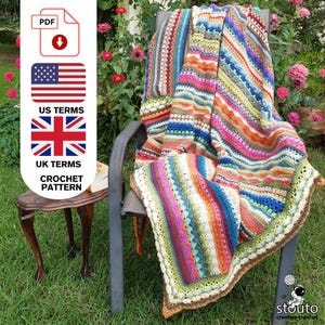 Patrón de manta de crochet con patrones afganos de muestra de punto de rayas / Términos de EE. UU. y Reino Unido (PDF)