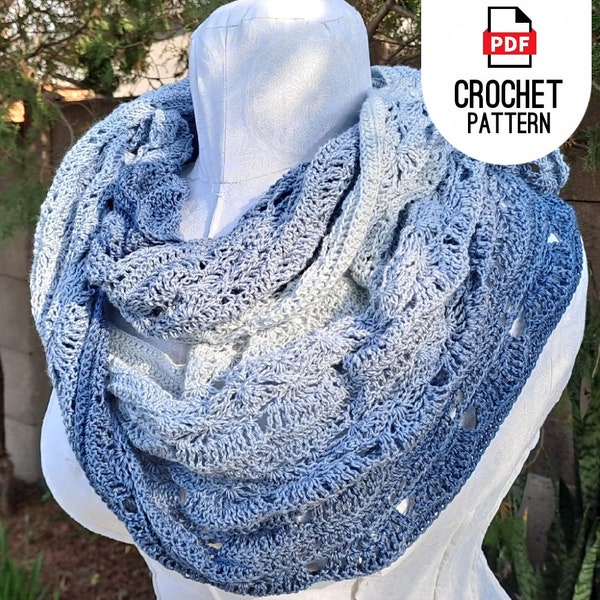 Crochet Scarf Pattern - Stormy Ocean Floral Lace Scarf or Lightweight Spring Cover Up or Wedding Wrap Easy Pattern