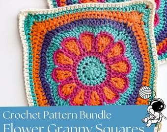 Granny Flower Squares Pattern Bundle, Collection of Four Unique Modern Crochet Square Patterns