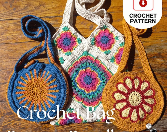 Crochet Bag Pattern Bundle, 3 Modern Tote Bag Patterns, Crazy Daisy Tote Bag, African Sun Burst Pouch, Big Daisy Flower Circle Bag Patterns