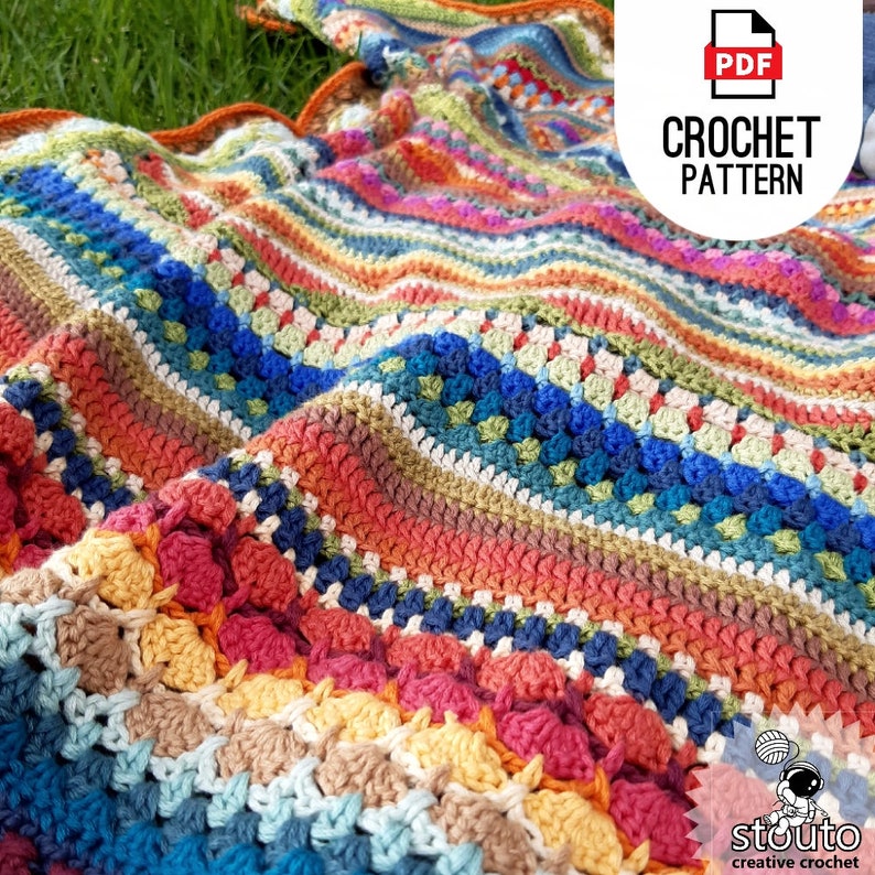 Striped Crochet Blanket , rainbow colored stitches in striped across the page, huge selection if easy workable crochet stitches