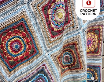 Heirloom Flower Granny Square Blanket Crochet Pattern PDF • 4 Floral Motifs • Easy Photo Tutorial • Flat Braid Join • Instant Download