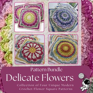 Crochet pattern | Delicate Flowers Blanket Squares | Four Large Granny Squares | PDF Download