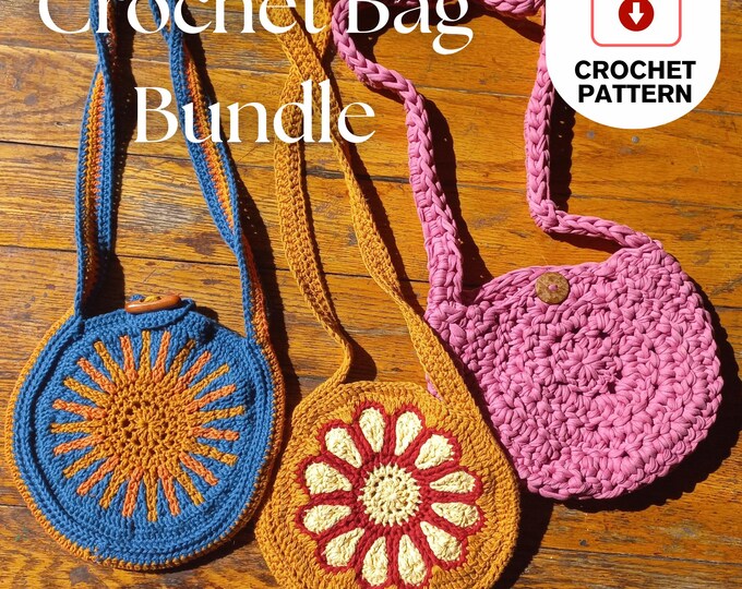 Crochet Bag Pattern Bundle, 3 Canteen Bag Patterns, African Sun Burst Pouch, Big Daisy Flower Circle Bag, Chunky T-shirt Yarn Handbag