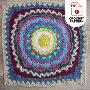 Patchwork Protea square, colorful sfrican crochet pattern featuring concentric circles in shades of green, pink, blue, purple, and burgundy. The pattern includes the text "CROCHET PATTERN" and a PDF icon.