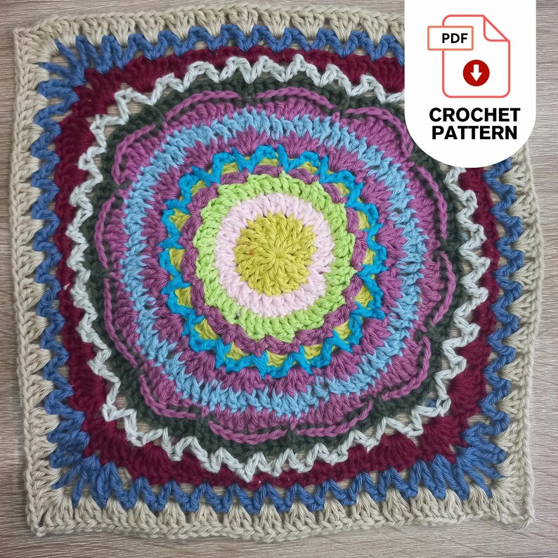 Patchwork Protea square, colorful sfrican crochet pattern featuring concentric circles in shades of green, pink, blue, purple, and burgundy. The pattern includes the text "CROCHET PATTERN" and a PDF icon.