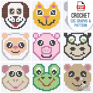 Może przedstawiać: Kolekcja kolorowych, pikselowanych wzorów twarzy zwierząt, w tym psa, kota, owcy, świni, hipopotama, małpy, żaby i niedźwiedzia. Obraz zawiera również tekst "CROCHET C2C GRAPHS & PATTERN" w ikonie PDF.