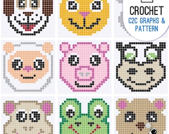 C2C Wild Animals Graphs, 9 Crochet Squares, Pattern Bundle, Crochet Wild Animal Graphs and Written Pattern, Digital PDF