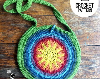 Crochet Pattern Easy Sun Circle Sling Bag Pattern, Crochet Rainbow Stripes Pattern, Round Satchel Bag Pattern, Rainbow Striped Crochet Bag