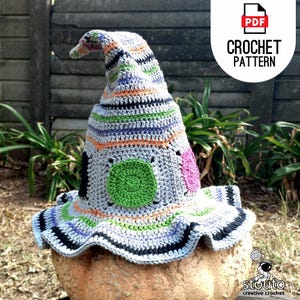 May include: A crochet witch hat with a pointed crown, a wide brim, and colourful stripes. The hat is decorated with green and pink circles. The text "CROCHET PATTERN" is visible in the top right corner of the image.