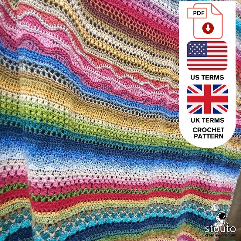 Uk Terms crochet sampler blanket pattern, include beautiful ripple crochet stitches, the every so pretty tupil stitch, flower double crochet stitch patterns, a fun twist on the saddle stitch, and crochet blanket block stitch are some of the stitches in pattern.