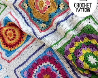 Large Flower Squares Afghan Pattern, Large Granny Blanket Squares, Boxed Flower Squares Blanket, Digital PDF Crochet Pattern