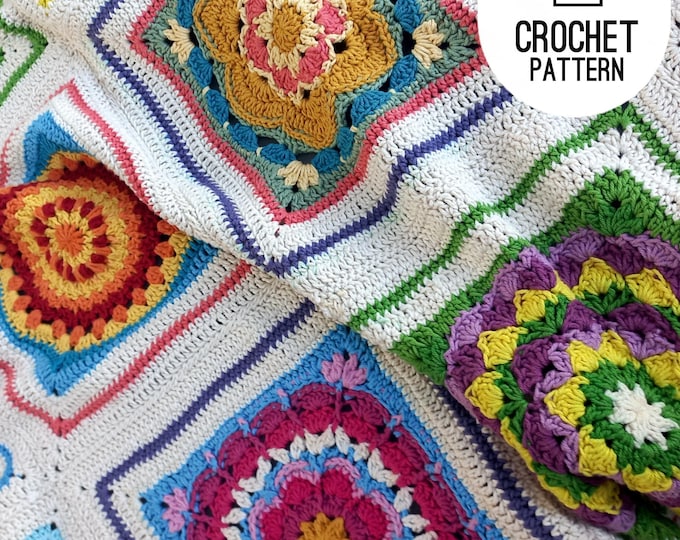 Large Flower Squares Afghan Pattern, Large Granny Blanket Squares, Boxed Flower Squares Blanket, Digital PDF Crochet Pattern