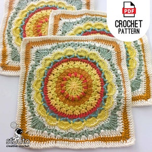 Patrón de cuadrado afgano de crochet, patrón de cuadrado de manta Sunnyday, cuadrado de patchwork africano, descarga digital en formato PDF de cuadrado de flor de crochet