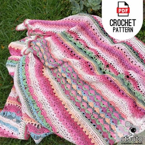 Crochet Blanket Pattern Floral Stitch Sampler, striped afghan throw, crochet mixed stitch pattern