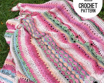 Crochet Blanket Pattern Floral Stitch Sampler, striped afghan throw, crochet mixed stitch pattern