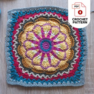 Gazania Daisy inspired granny square, colorful crochet pattern with a floral design. The pattern features a central abstract flower in shades of yellow, pink, and blue, surrounded by concentric rings of various colors. The text "CROCHET PATTERN" is in the upper right corner.