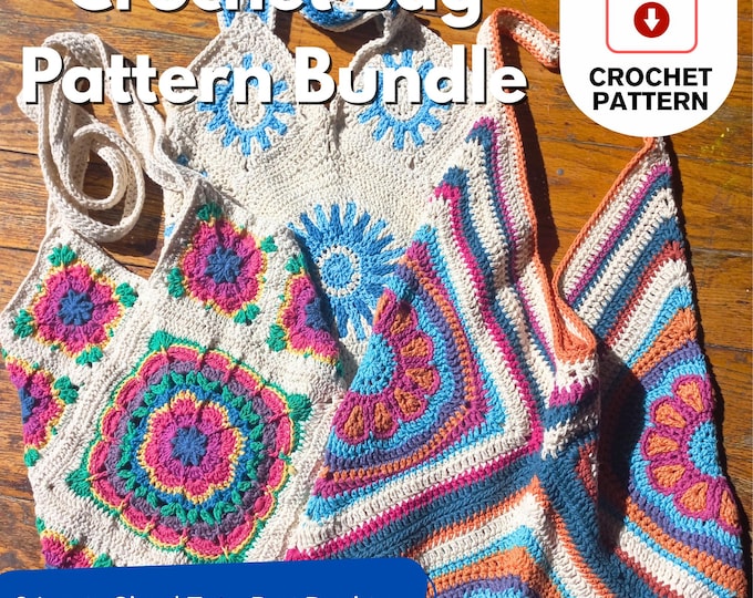 Crochet Tote Bag Pattern Bundle, 3 Modern Large Crochet Shopper Bag Patterns, Granny square Favorites, Digital PDF Patterns