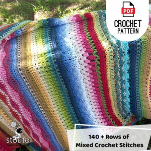 rows of various crochet stitches in rainbow colorful crochet afghan