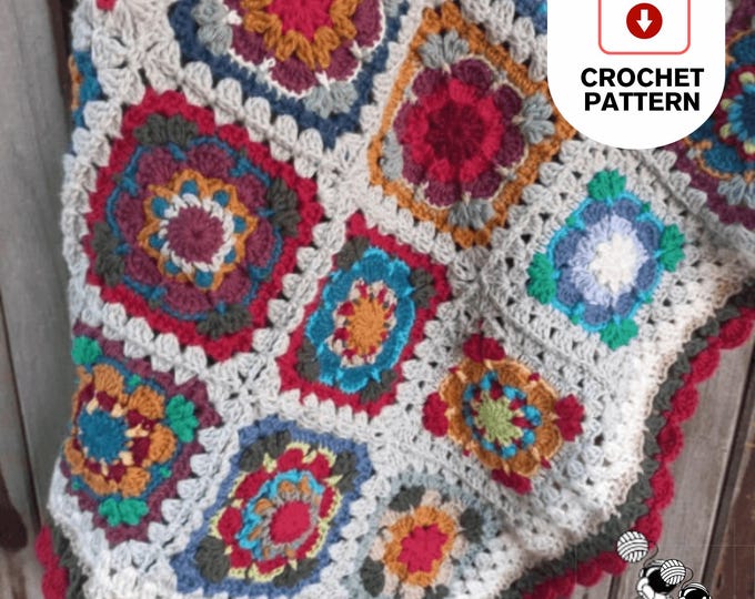 Flower Granny Square Blanket Crochet Pattern: Afghan PDF (Digital Download)