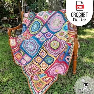 Crochet Granny Squares Afghan Pattern, African Flowers Patchwork, 8 Diffrent Blanket Squares, Like Grandma Blanket , Digital PDF Pattern