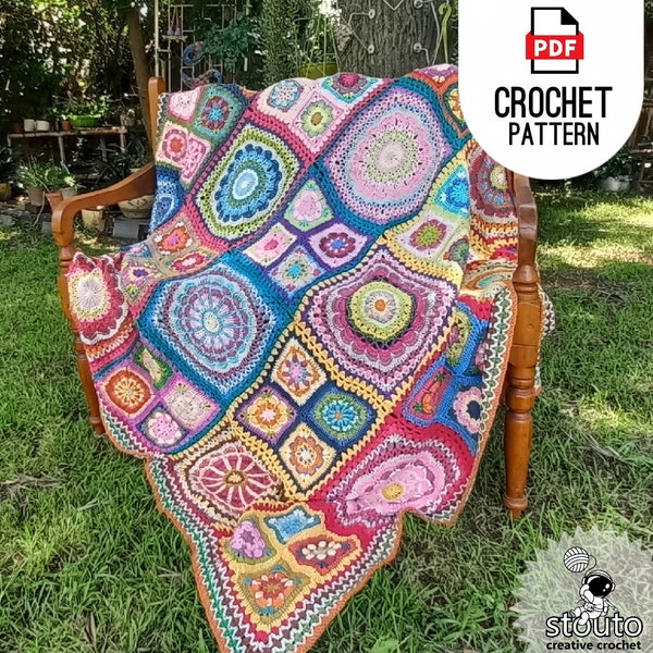 Crochet Granny Squares Afghan Pattern, African Flowers Patchwork, 8 Diffrent Blanket Squares, Like Grandma Blanket , Digital PDF Pattern