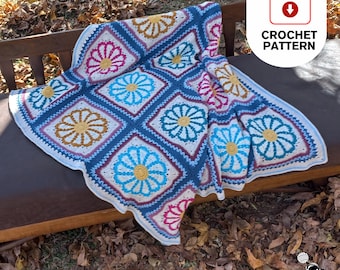 Bold Daisies Granny Squares Blanket | Crochet Pattern PDF Blanket