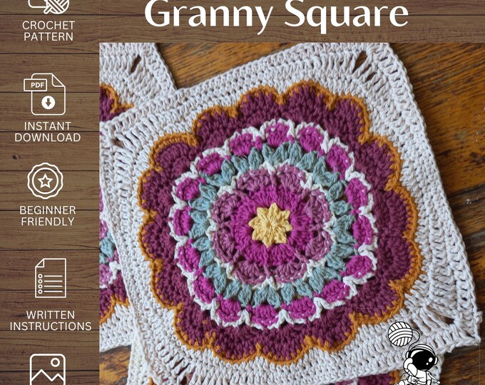 Crochet Blanket Square, Early Blossom Granny Square Pattern, Beginner Mandala Flower Pattern, PDF Digital Download