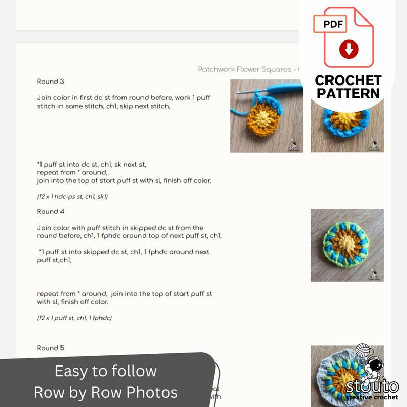 Patchwork African Flower Square Bundle | 4 Large Flowers Squares | PDF Crochet Pattern image 7