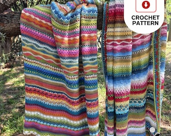 Patrón de manta de crochet / Muestra de puntadas que incluye 12 tamaños de manta en un patrón de manta de crochet / Manta afgana de exterior a rayas / Patrón PDF fácil