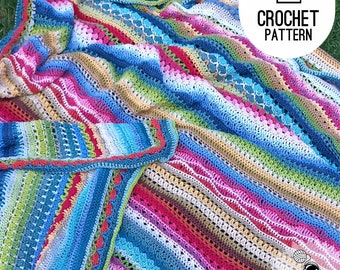Patrón de manta de crochet, muestrario de puntadas fáciles, manta arcoíris con puntadas de crochet mixtas, descarga del patrón de crochet en PDF